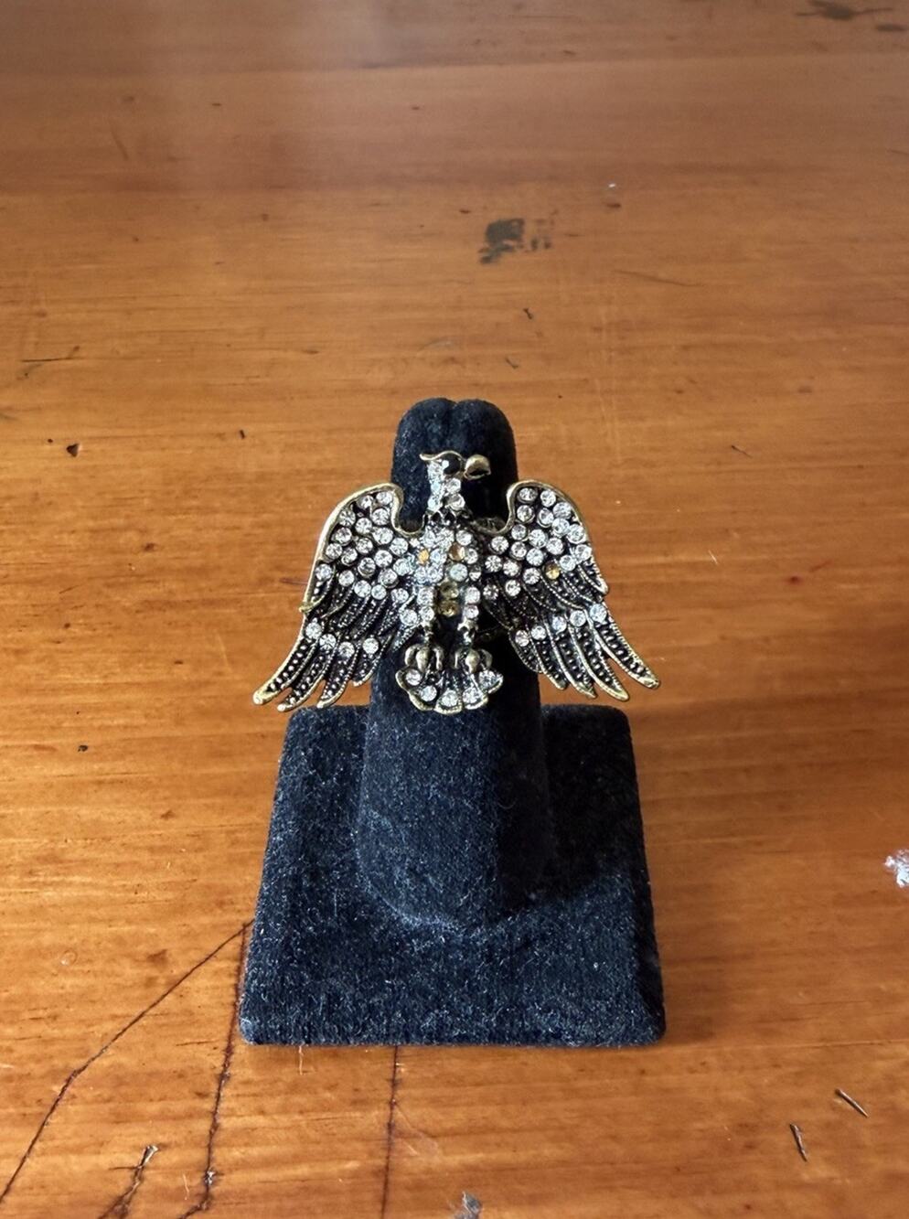 Vintage Eagle Statement Stretch Ring Antique Brass Tone Clear Rhinestone Bird
